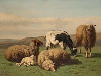 Louis robbe (1806-1887), flock of sheep and a goat in a landscape, oil on canvas 55 x 75 cm. (21.64 x 29.53 in.), frame: 69 x 88 cm. (27.17 x 34.64 in.)