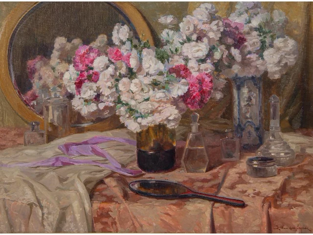 Louis van den eynde (1881-1966), still life of a toilet table with a flower bouquet, oil on canvas 75 x 100 cm. (29.53 x 39.36 in.), frame: 91 x 116 cm. (35.82 x 45.67 in.) - afbeelding 1 van  8