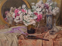 Louis van den eynde (1881-1966), still life of a toilet table with a flower bouquet, oil on canvas 75 x 100 cm. (29.53 x 39.36 in.), frame: 91 x 116 cm. (35.82 x 45.67 in.)