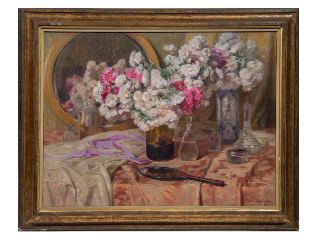 Louis van den eynde (1881-1966), still life of a toilet table with a flower bouquet, oil on canvas 75 x 100 cm. (29.53 x 39.36 in.), frame: 91 x 116 cm. (35.82 x 45.67 in.) - afbeelding 2 van  8