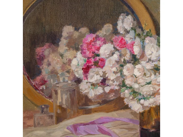 Louis van den eynde (1881-1966), still life of a toilet table with a flower bouquet, oil on canvas 75 x 100 cm. (29.53 x 39.36 in.), frame: 91 x 116 cm. (35.82 x 45.67 in.) - afbeelding 6 van  8