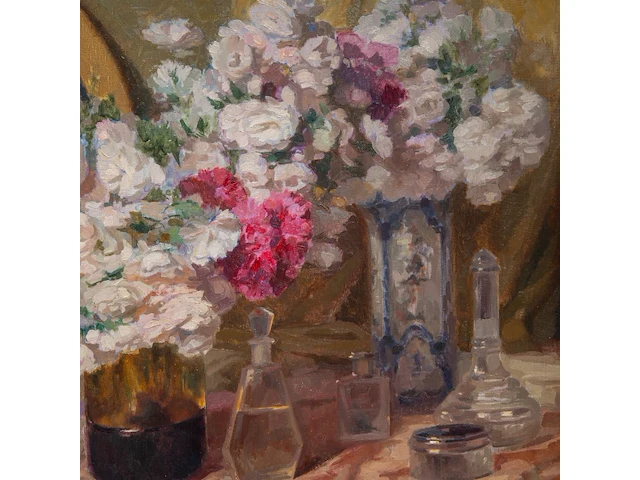 Louis van den eynde (1881-1966), still life of a toilet table with a flower bouquet, oil on canvas 75 x 100 cm. (29.53 x 39.36 in.), frame: 91 x 116 cm. (35.82 x 45.67 in.) - afbeelding 7 van  8