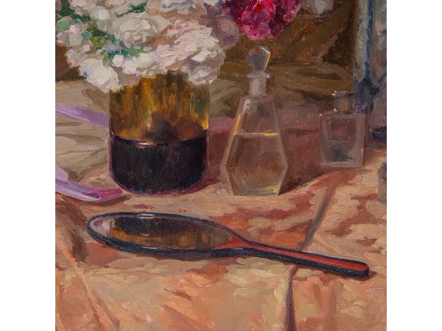 Louis van den eynde (1881-1966), still life of a toilet table with a flower bouquet, oil on canvas 75 x 100 cm. (29.53 x 39.36 in.), frame: 91 x 116 cm. (35.82 x 45.67 in.) - afbeelding 8 van  8