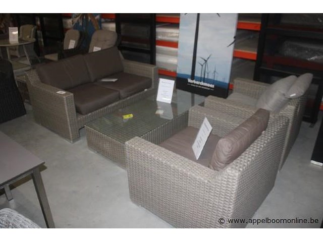 Lounge - 4x kussenset voor fauteuil azur uitvoering sunbrella (sbr)- 3127-3127 uni mink brown | 2x lc adelaide hr5mm antique grey | tweezit adelaide hr5mm antique grey | salontafel incl.glas 160x70cm adelaide hr5mm antique grey - afbeelding 1 van  5