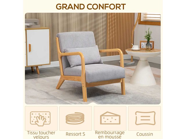 Loungefauteuil - 3 kussens inbegrepen - diepe zitting - armleuningen - rubberhouten frame - grijs fluweel uiterlijk - afbeelding 8 van  10
