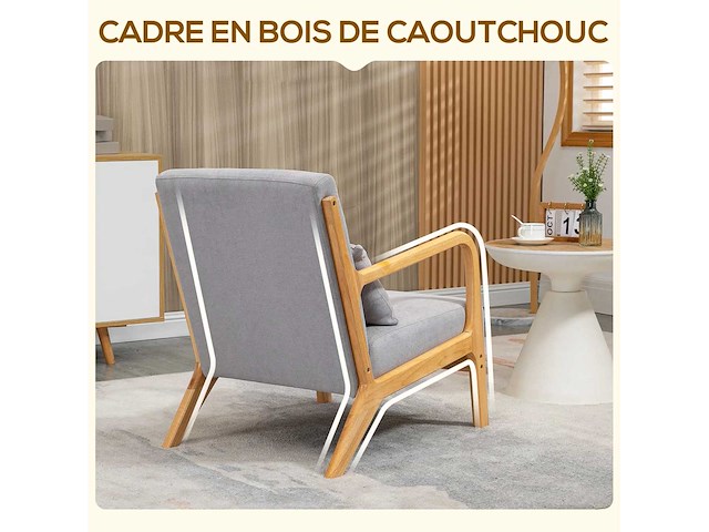 Loungefauteuil - 3 kussens inbegrepen - diepe zitting - armleuningen - rubberhouten frame - grijs fluweel uiterlijk - afbeelding 5 van  7