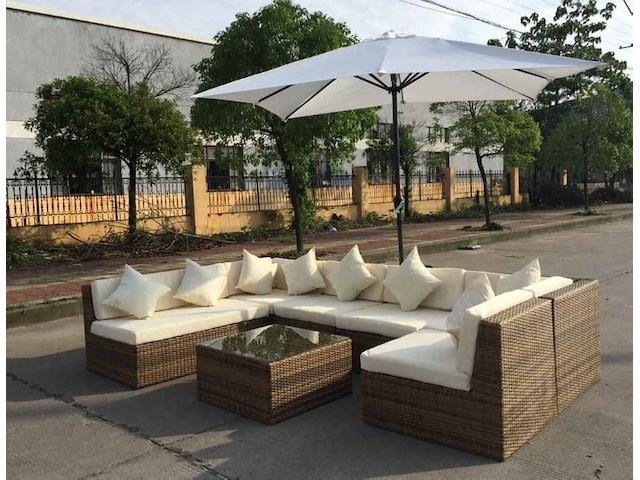 Loungeset - 8-delig wicker bruin + zandkleurig met parasol - afbeelding 3 van  3