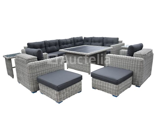 Loungeset 11-delig lichtgrijs rond wicker / donkergrijze kussens met opbergvak - afbeelding 1 van  3