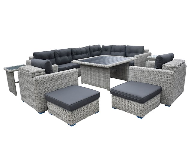 Loungeset 11-delig lichtgrijs rond wicker / donkergrijze kussens met opbergvak - afbeelding 3 van  3