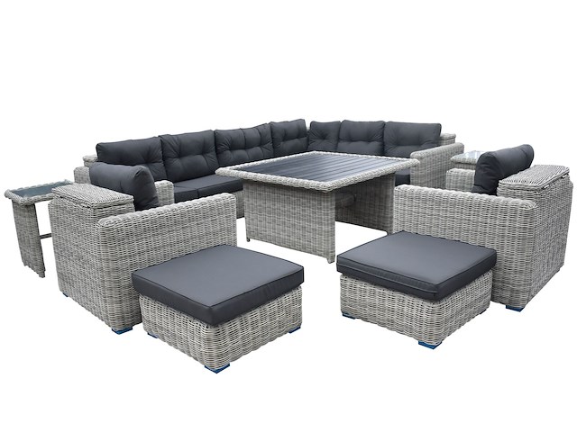 Loungeset 11-delig lichtgrijs rond wicker / donkergrijze kussens met opbergvak - afbeelding 1 van  3