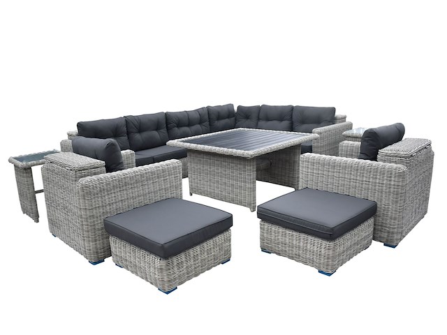 Loungeset 11-delig lichtgrijs rond wicker / donkergrijze kussens met opbergvak - afbeelding 3 van  3