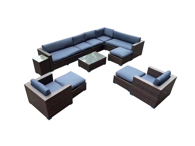 Loungeset 12-delig brown wicker / blauwe kussens - afbeelding 1 van  5