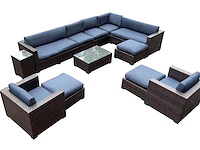 Loungeset 12-delig brown wicker / blauwe kussens - afbeelding 1 van  5