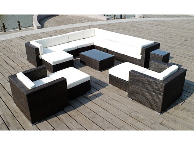 Loungeset 12-delig brown wicker / blauwe kussens - afbeelding 1 van  2