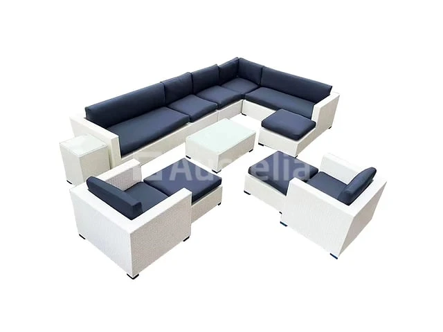 Loungeset 12-delig white wicker / blauwe kussens - afbeelding 1 van  2