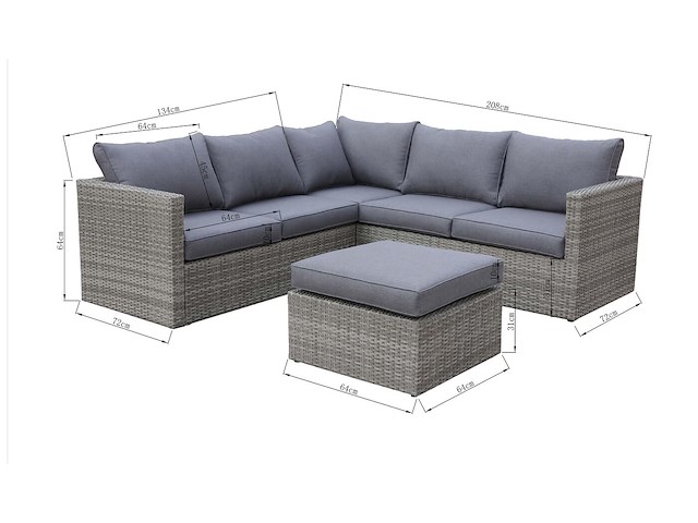 Loungeset 3-delig - lichtbruin wicker + grijze kussens - weerbestendig vlechtwerk - afbeelding 2 van  2