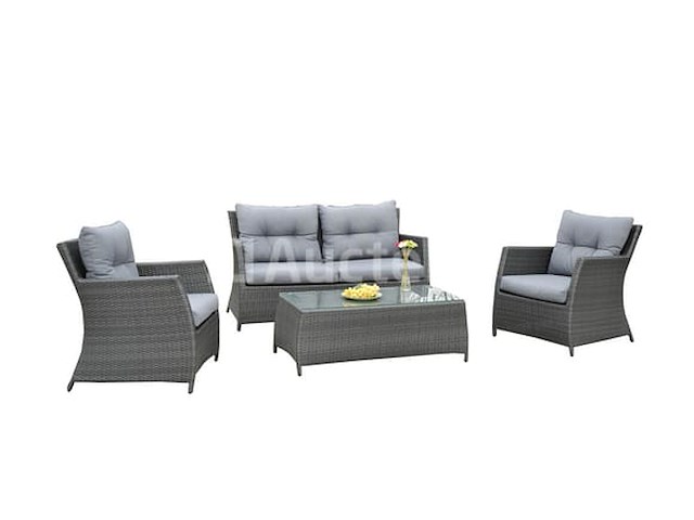 Loungeset 4-delig - antraciet wicker + grijze kussens - weerbestendig vlechtwerk - afbeelding 1 van  3
