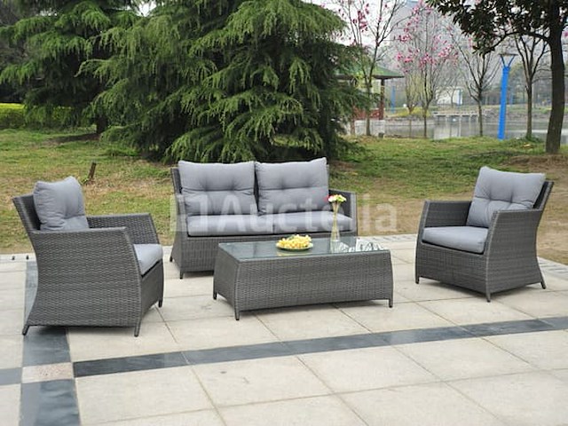 Loungeset 4-delig - antraciet wicker + grijze kussens - weerbestendig vlechtwerk - afbeelding 2 van  3