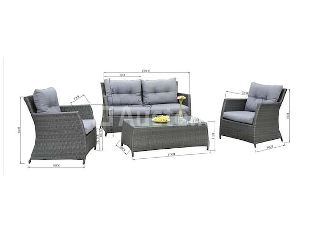 Loungeset 4-delig - antraciet wicker + grijze kussens - weerbestendig vlechtwerk - afbeelding 3 van  3