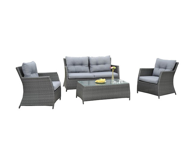 Loungeset 4-delig - antraciet wicker + grijze kussens - weerbestendig vlechtwerk - afbeelding 2 van  3
