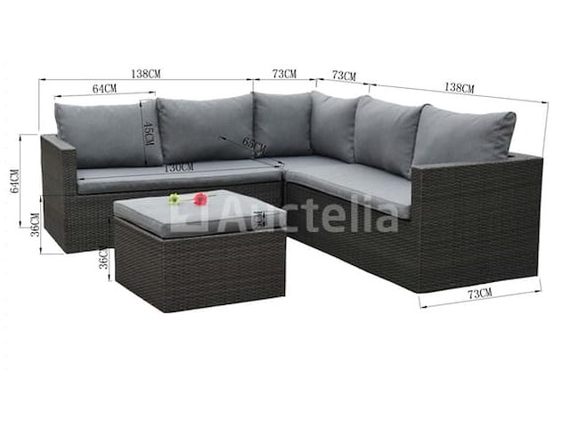 Loungeset 4-delig - hoek - antraciet wicker + grijze kussens - weerbestendig vlechtwerk - afbeelding 3 van  3
