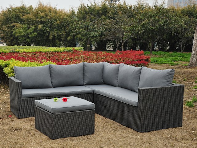 Loungeset 4-delig - hoek - antraciet wicker + grijze kussens - weerbestendig vlechtwerk - afbeelding 1 van  3