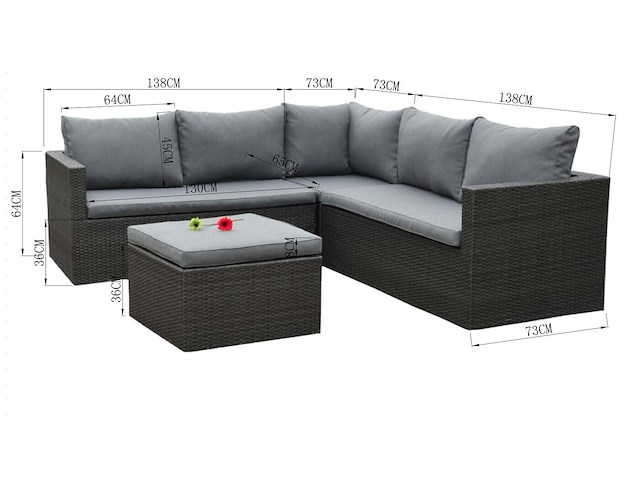 Loungeset 4-delig - hoek - antraciet wicker + grijze kussens - weerbestendig vlechtwerk - afbeelding 3 van  3