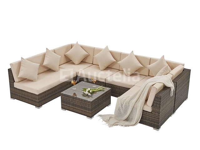 Loungeset met 2 hoekbanken - bruin wicker + zandkleurige kussens - inclusief parasol - afbeelding 1 van  10