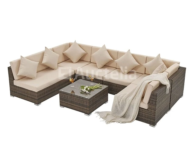 Loungeset met 2 hoekbanken - bruin wicker + zandkleurige kussens - inclusief parasol - afbeelding 2 van  10
