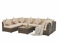 Loungeset met 2 hoekbanken - bruin wicker + zandkleurige kussens - inclusief parasol - afbeelding 4 van  10