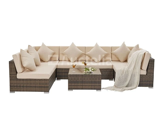 Loungeset met 2 hoekbanken - bruin wicker + zandkleurige kussens - inclusief parasol - afbeelding 8 van  10