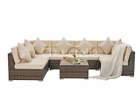 Loungeset met 2 hoekbanken - bruin wicker + zandkleurige kussens - inclusief parasol - afbeelding 8 van  10