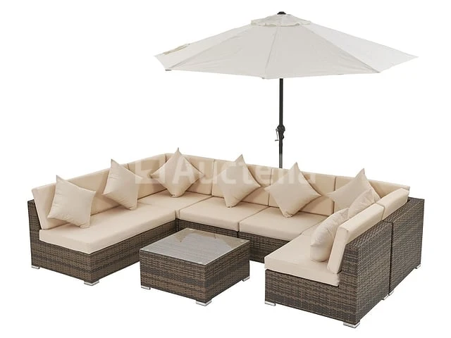Loungeset met 2 hoekbanken - bruin wicker + zandkleurige kussens - inclusief parasol - afbeelding 10 van  10