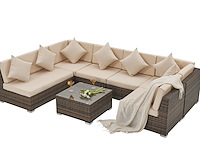 Loungeset met 2 hoekbanken - bruin wicker + zandkleurige kussens - inclusief parasol - afbeelding 3 van  10
