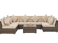 Loungeset met 2 hoekbanken - bruin wicker + zandkleurige kussens - inclusief parasol - afbeelding 4 van  10