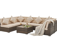 Loungeset met 2 hoekbanken - bruin wicker + zandkleurige kussens - inclusief parasol - afbeelding 5 van  10