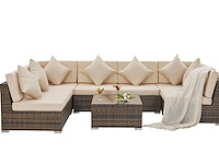 Loungeset met 2 hoekbanken - bruin wicker + zandkleurige kussens - inclusief parasol - afbeelding 6 van  10