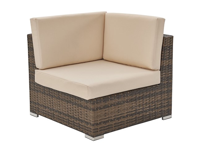 Loungeset met 2 hoekbanken - bruin wicker + zandkleurige kussens - inclusief parasol - afbeelding 9 van  10