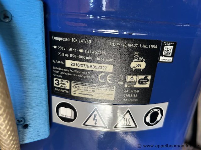 Luchtcompressor einhell tck 241/50, bouwjaar 2016, met een tankinhoud van 50 liter. voorzien van een vermogen van 1,5 kw en een aansluiting van 230 v. - afbeelding 2 van  2