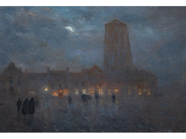 Lucien frank (1857-1920), a winter evening in veurne, oil on canvas 61 x 85 cm. (24.01 x 33.46 in.), frame: 78.5 x 102.5 cm. (30.91 x 40.35 in.) - afbeelding 1 van  6