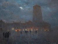 Lucien frank (1857-1920), a winter evening in veurne, oil on canvas 61 x 85 cm. (24.01 x 33.46 in.), frame: 78.5 x 102.5 cm. (30.91 x 40.35 in.)