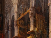 Ludwig mecklenburg (1820-1882), the interior of the cathedral of milan, 1853, oil on canvas, 145 x 105 cm. (57.09 x 41.34 in.), frame: 162 x 122 cm. (63.78 x 48.03 in.)