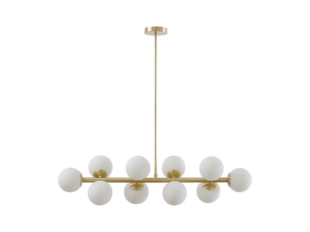 Lustre en métal et verre blanc - 10 globes - l. 94 x p. 23 x h. 88 cm - doré - afbeelding 2 van  6