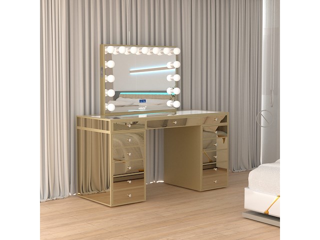 Luxe kaptafel met verlichting - 1500x600x810mm - goudkleurig - incl. krukje - afbeelding 3 van  12