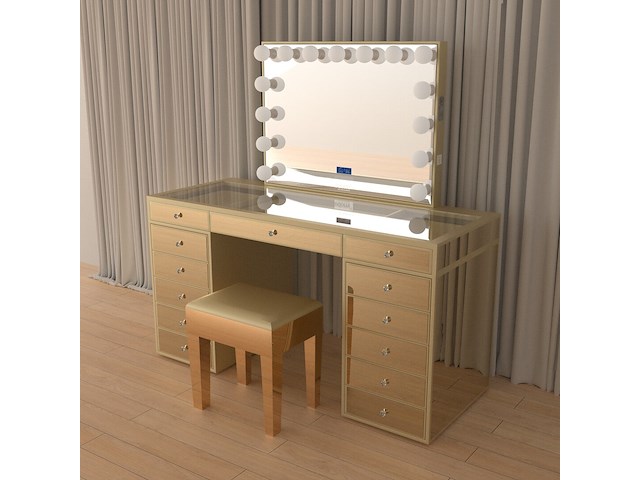 Luxe kaptafel met verlichting - 1500x600x810mm - goudkleurig - incl. krukje - afbeelding 9 van  12