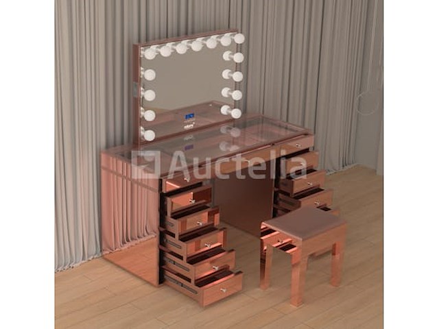 Luxe kaptafel met verlichting - 1500x600x810mm - hoogglans roze - incl. krukje - afbeelding 3 van  12