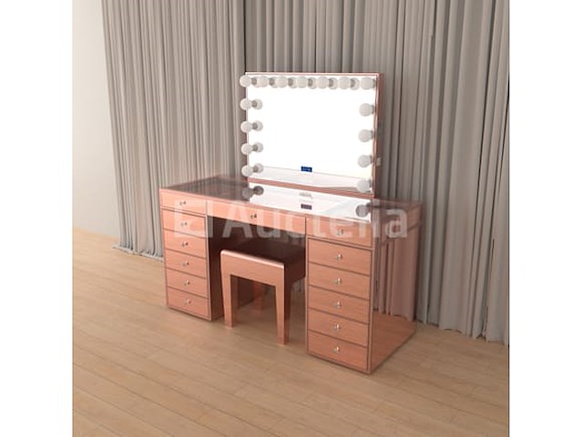 Luxe kaptafel met verlichting - 1500x600x810mm - hoogglans roze - incl. krukje - afbeelding 1 van  12