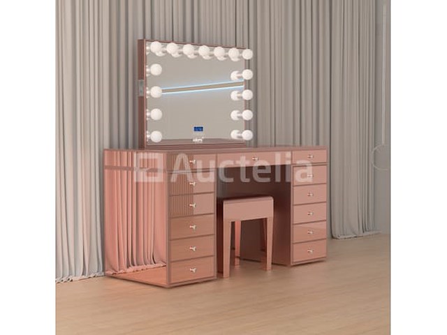 Luxe kaptafel met verlichting - 1500x600x810mm - hoogglans roze - incl. krukje - afbeelding 5 van  12