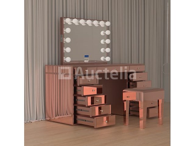 Luxe kaptafel met verlichting - 1500x600x810mm - hoogglans roze - incl. krukje - afbeelding 11 van  12