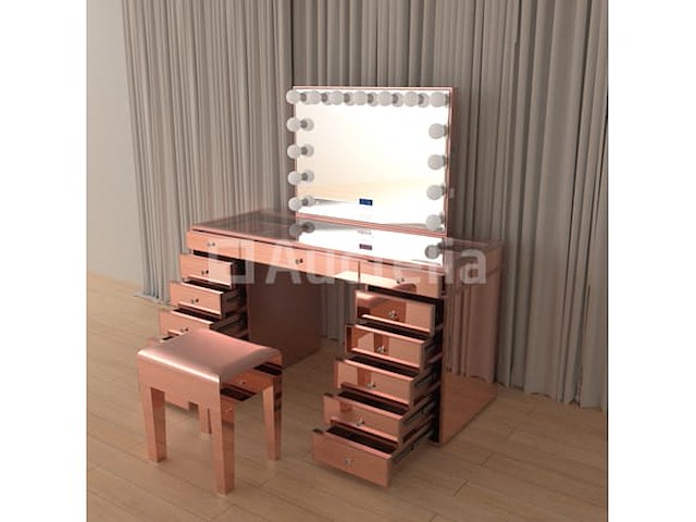 Luxe kaptafel met verlichting - 1500x600x810mm - hoogglans roze - incl. krukje - afbeelding 12 van  12